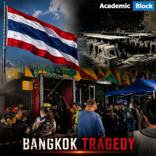 Composite image showing the Thailand flag, the burned Bangkok bar interior, and emergency responders after the deadly Bangkok bar fire.