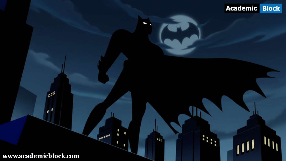Batman-The Animated Series, stands on a rooftop overlooking a city skyline.
