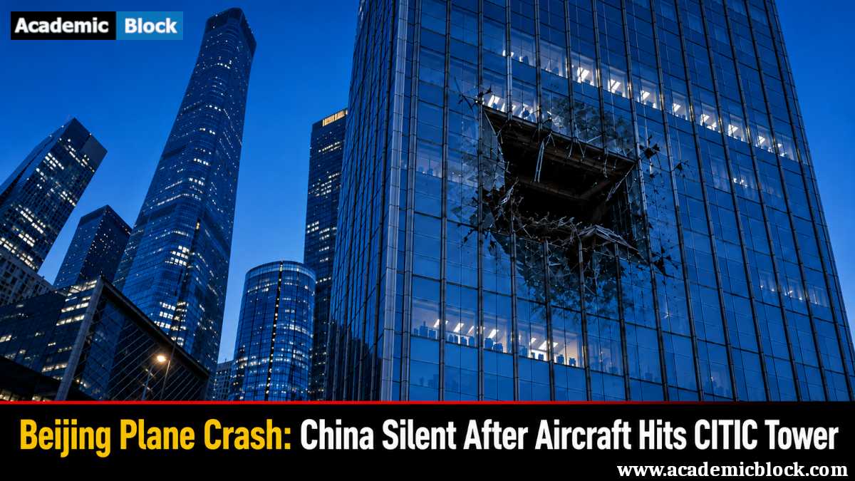 Image showing a damaged CITIC Tower in Beijing after an aircraft crash.
