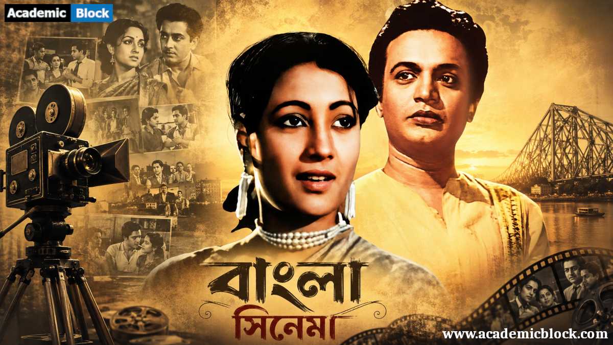 Image showing golden era of Bengali cinema, featuring vintage film icons, classic filmmaking elements, and Kolkata-inspired visuals in a warm, cinematic composition.