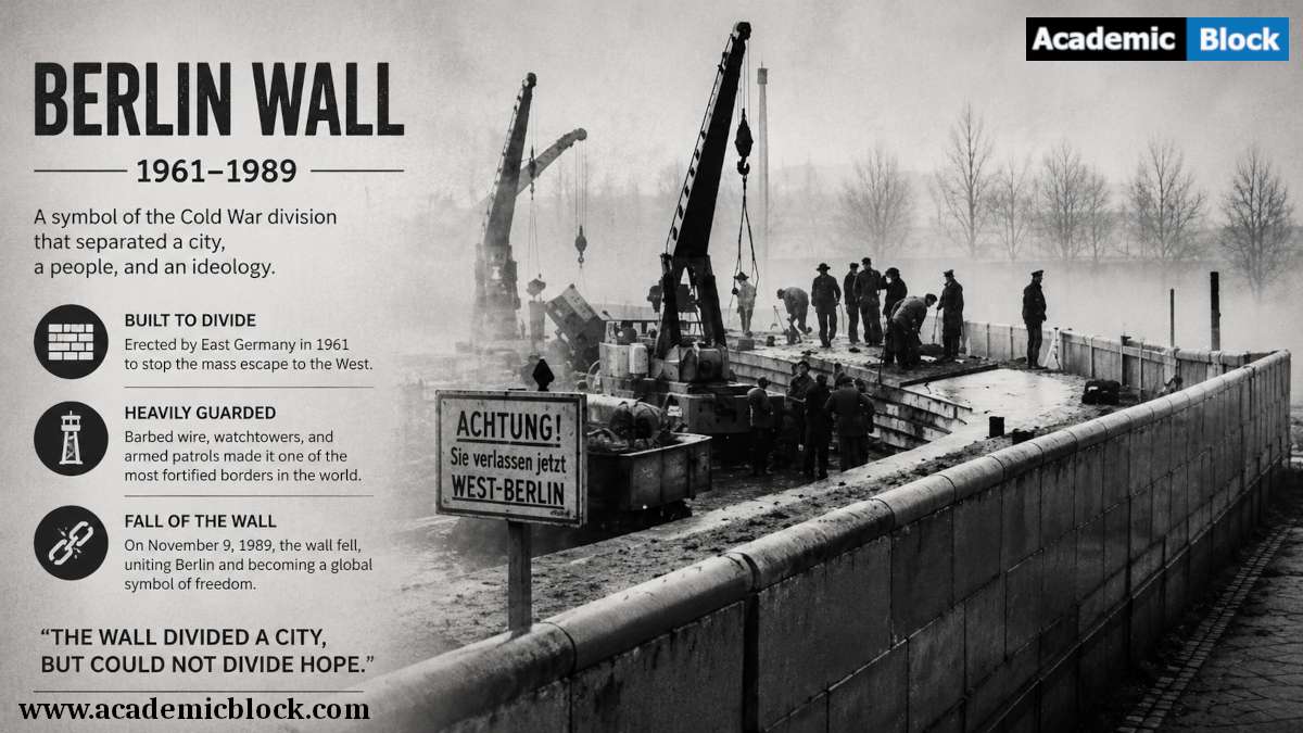 A black-and-white image of the Berlin Wall under construction, symbolizing Cold War division and the separation of East and West Berlin.