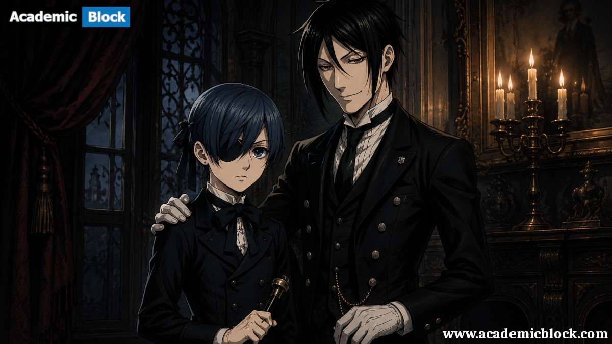 This image shows, Ciel Phantomhive stands poised beside Sebastian Michaelis in an elegant hall, both in formal attire from anime series Black Butler.