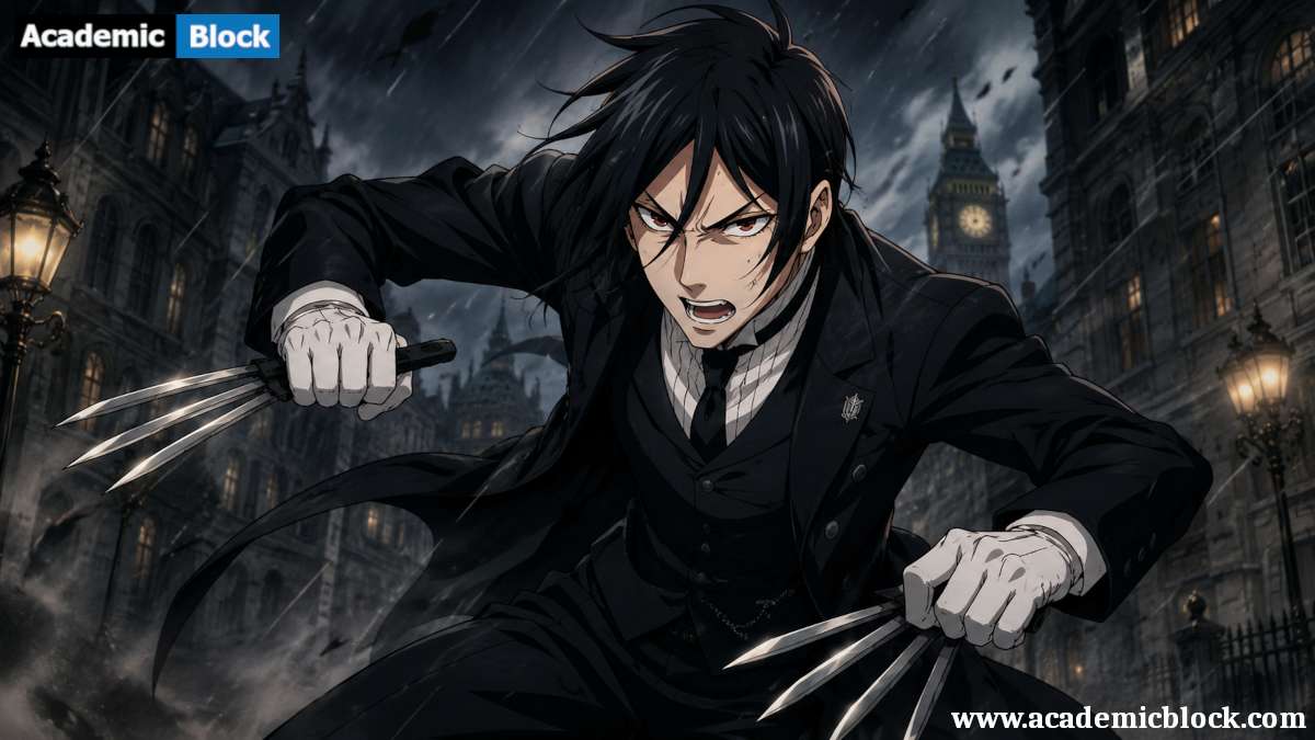 This image shows, Sebastian Michaelis crouches in driving rain, gloves revealing sleek sticks, steely determination in his gaze from anime series Black Butler.