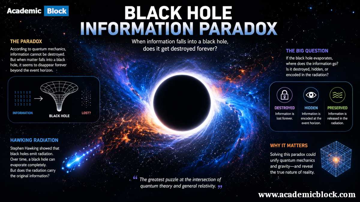 Black Hole Information Paradox infographic featuring a glowing black hole, swirling cosmic matter, and key concepts like Hawking radiation and information loss.