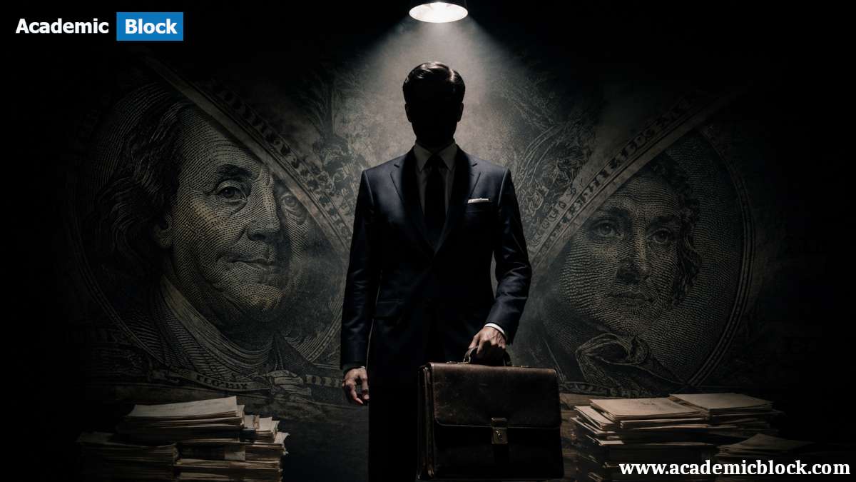 An anonymous businessman in the shadows symbolizes the secrecy and hidden wealth associated with black money.