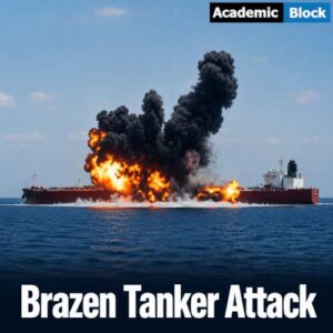 Image showing A burning oil tanker in the Strait of Hormuz as rescue vessels respond during rising Middle East tensions.