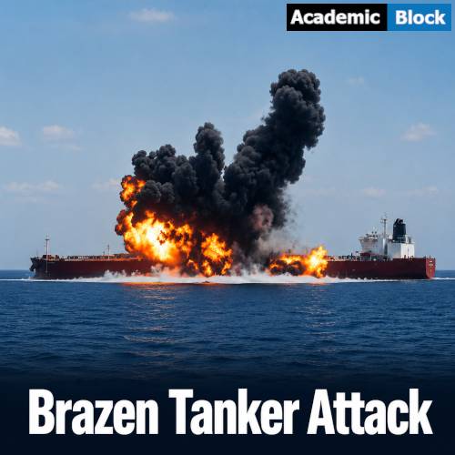 Image showing A burning oil tanker in the Strait of Hormuz as rescue vessels respond during rising Middle East tensions.