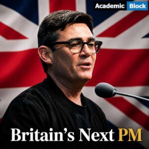 Image showing Andy Burnham speaking in front of the UK flag with the text, Britain's Next PM in a political portrait.