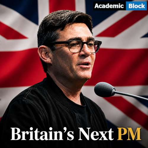 Image showing Andy Burnham speaking in front of the UK flag with the text, Britain's Next PM in a political portrait.