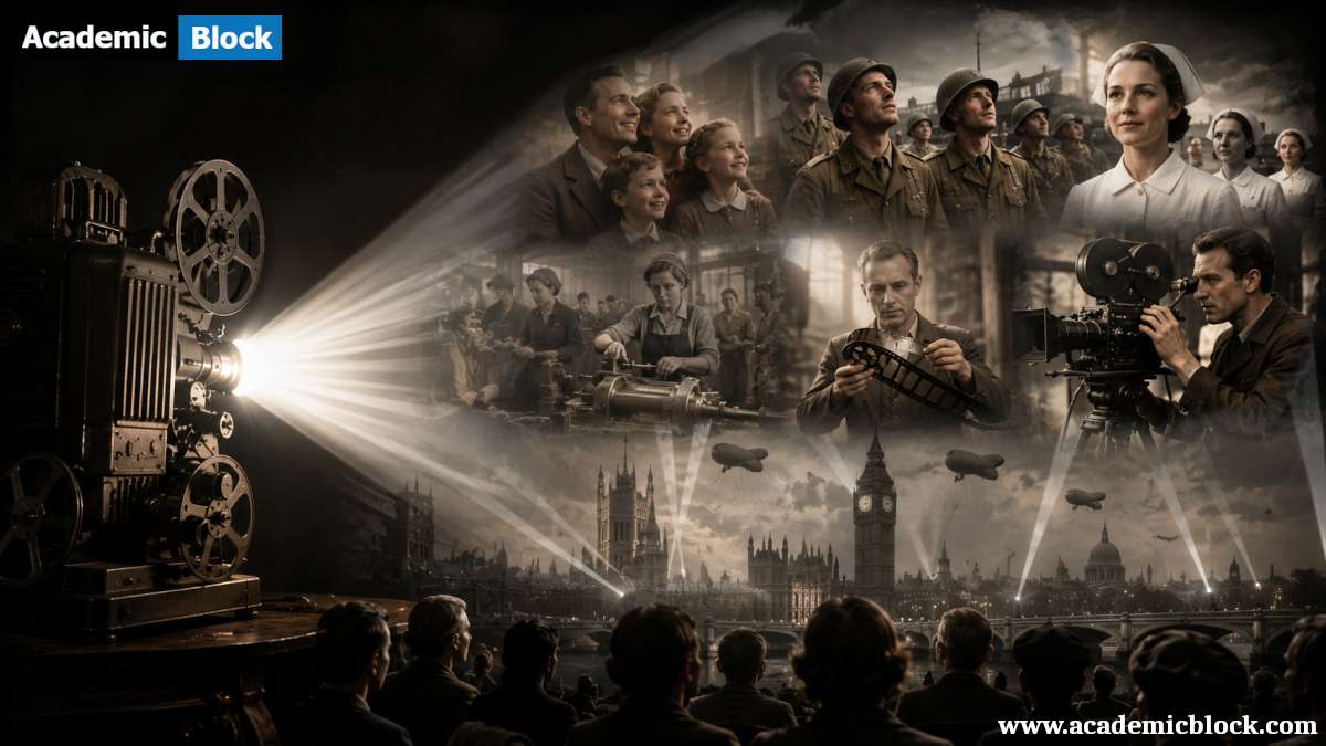 A vintage film projector casts light across wartime Britain, symbolizing how British cinema inspired hope, unity, and resilience during World War II.