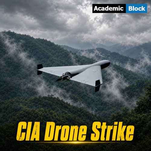 Image Showing a gray military drone flying over misty forested mountains with the headline "CIA Drone Strike" in bold yellow text.