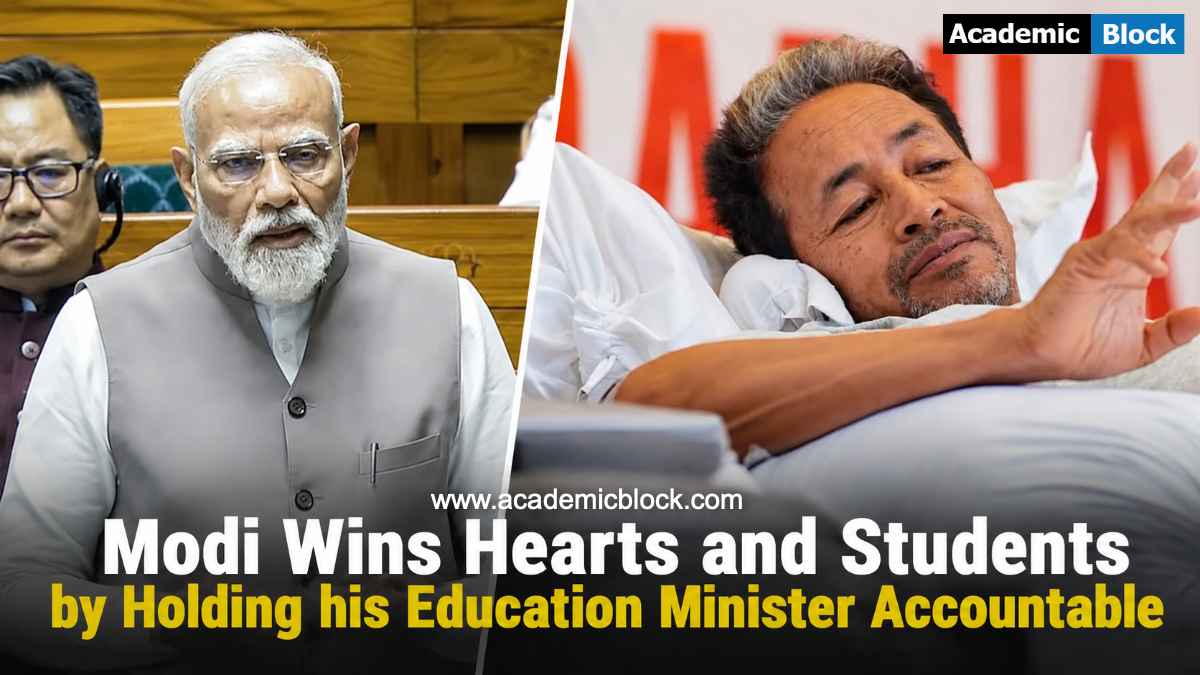 Image show PM Modi giving speech in parliament on left side, and student activist Sonam Wangchuk on hunger strike on the right side of the image.