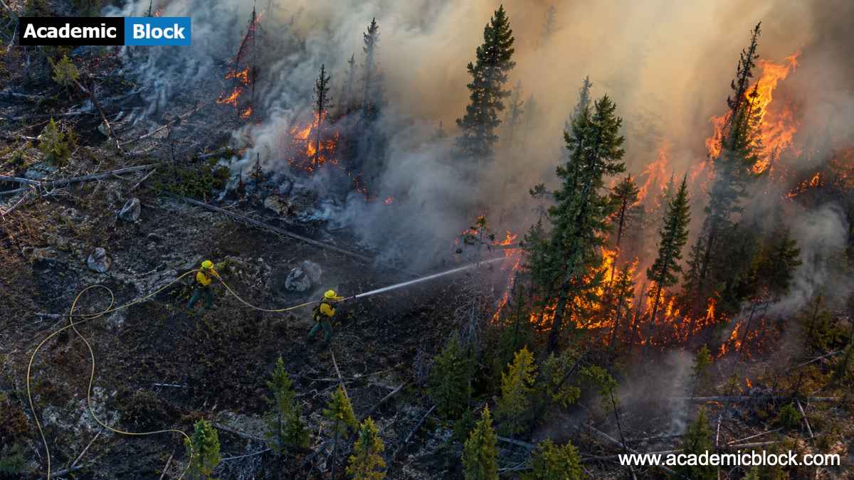 Image shows two Canadian wildfire firefighters working together to stop an advancing forest fire.