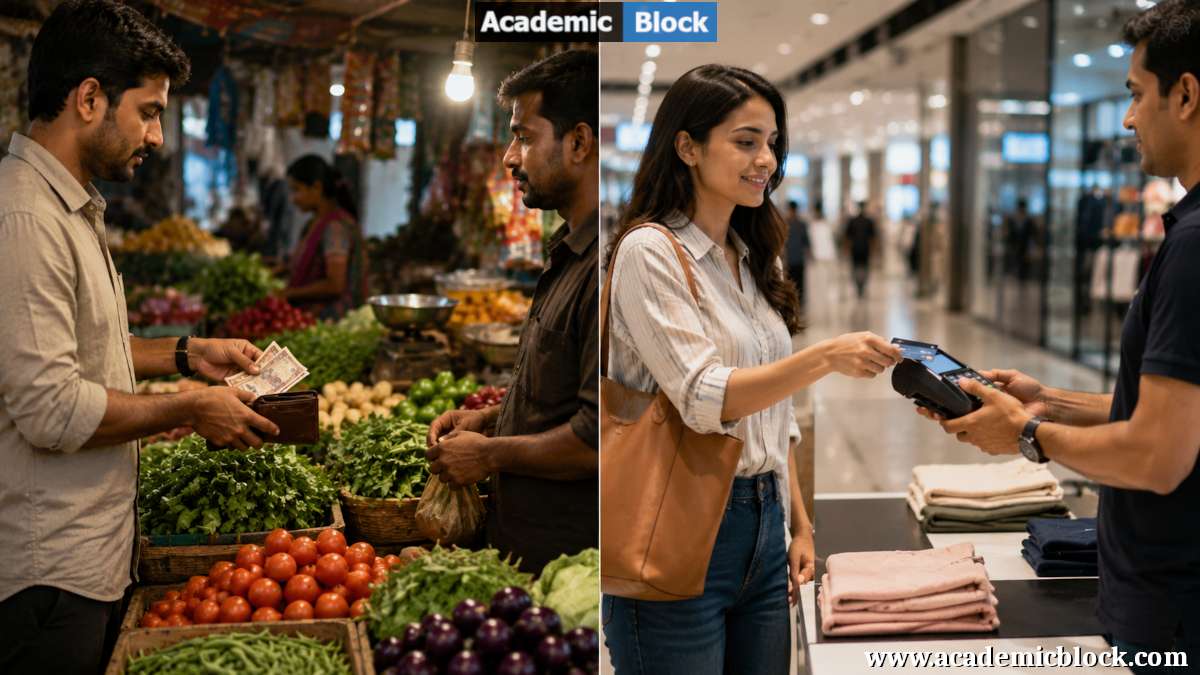 Split image showing two person, a man paying amount through cash and in another a lady is paying by her card.