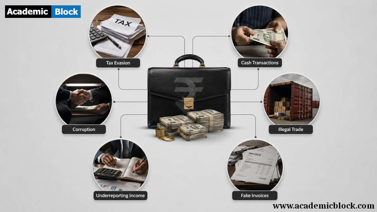Infographic image illustrating the major causes of black money, with a central briefcase connected to six key financial misconduct scenarios.