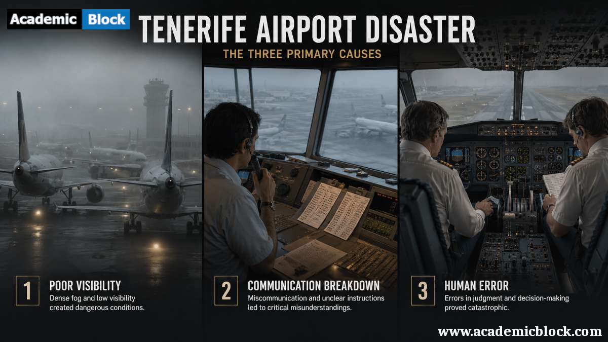 Image showing three primary causes of the Tenerife Airport Disaster: poor visibility, communication breakdown, and human error.