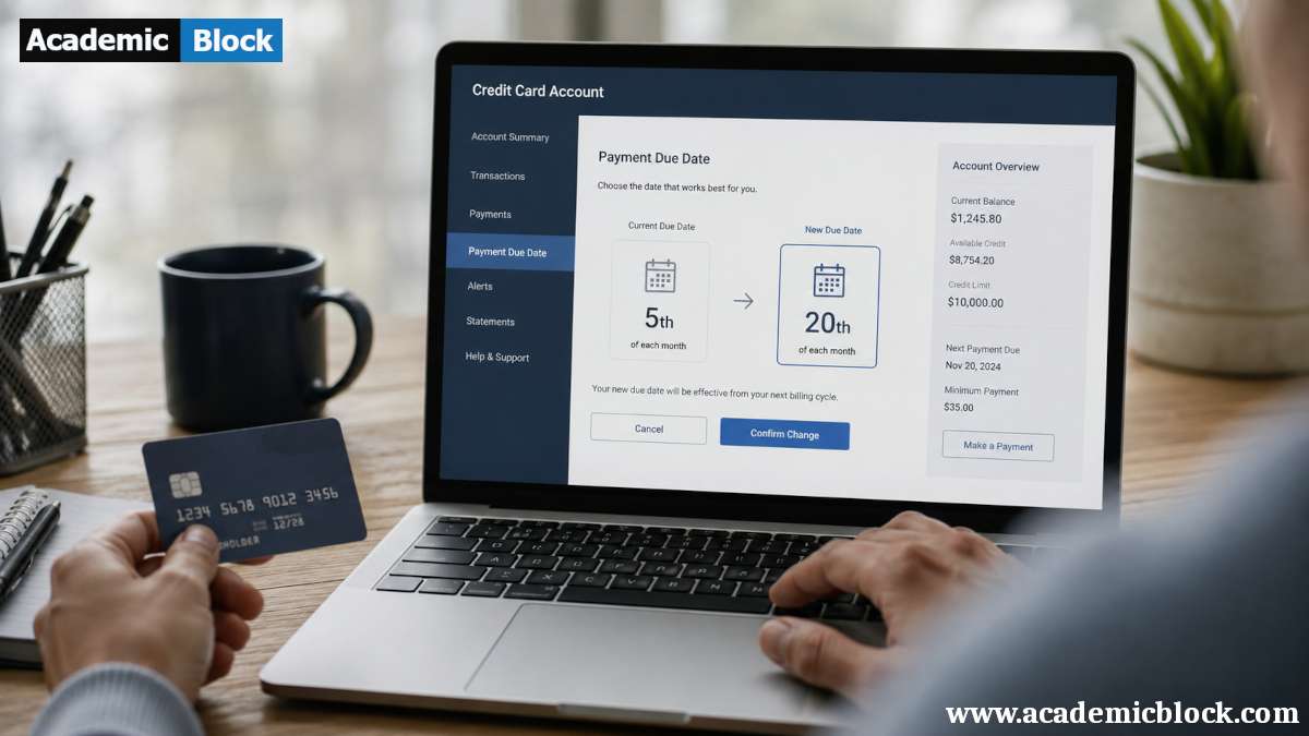 Person updating their credit card payment due date on an online banking dashboard using a laptop.