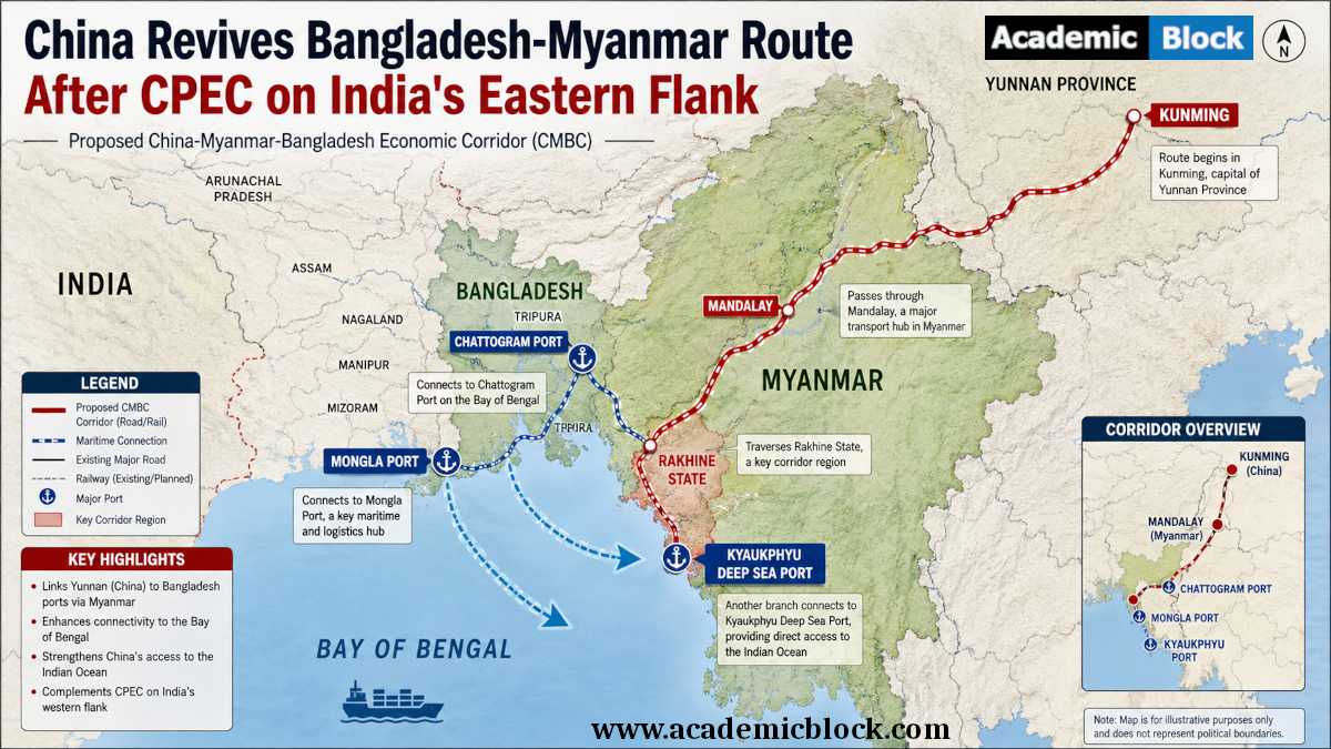 Infographic map showing the proposed China-Myanmar-Bangladesh Economic Corridor (CMBC) linking Kunming to Bangladesh through Myanmar toward the Bay of Bengal.