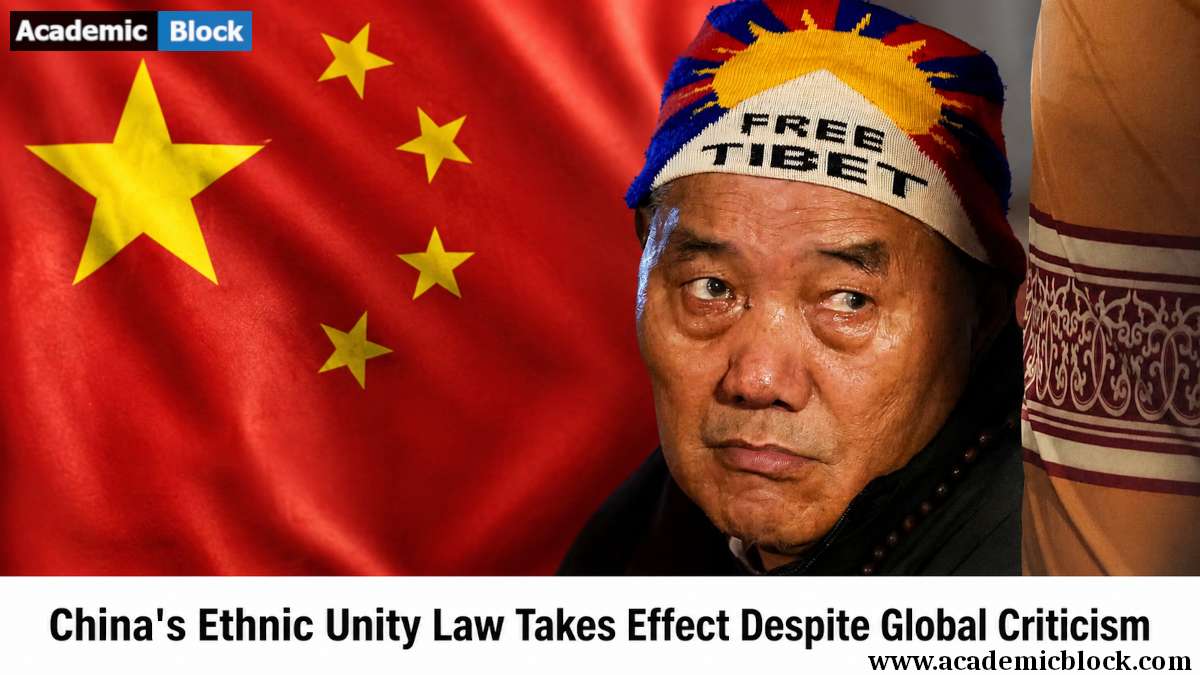 Image showing the Chinese flag beside a Tibetan supporter highlighting the Ethnic Unity Law amid global criticism.