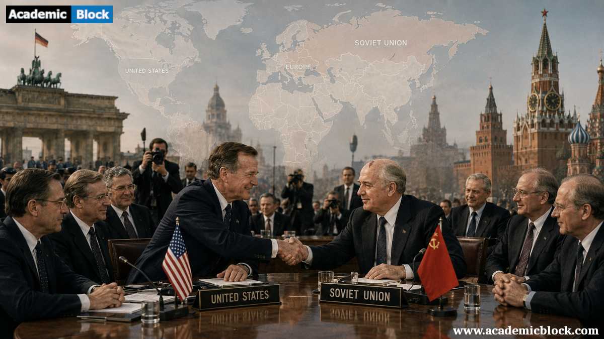 World leaders meet during the end of the Cold War, symbolizing the collapse of the Communist Bloc and global diplomatic change.