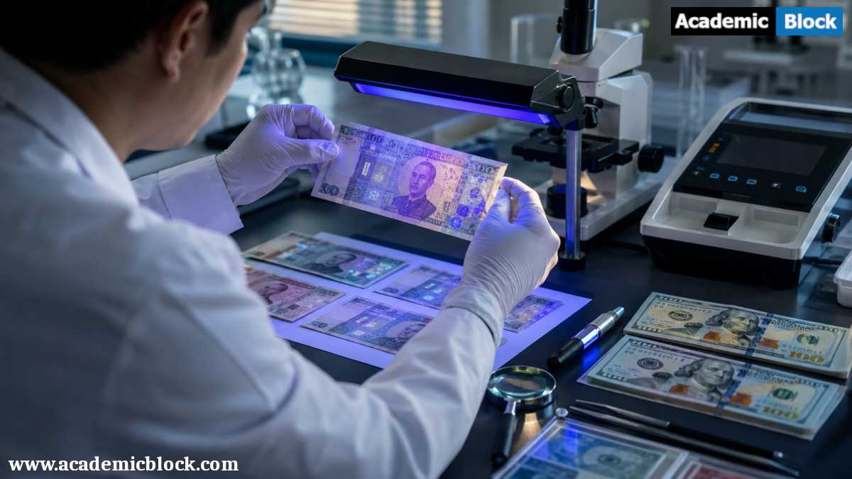 Image showing Counterfeit currency under forensic examination.