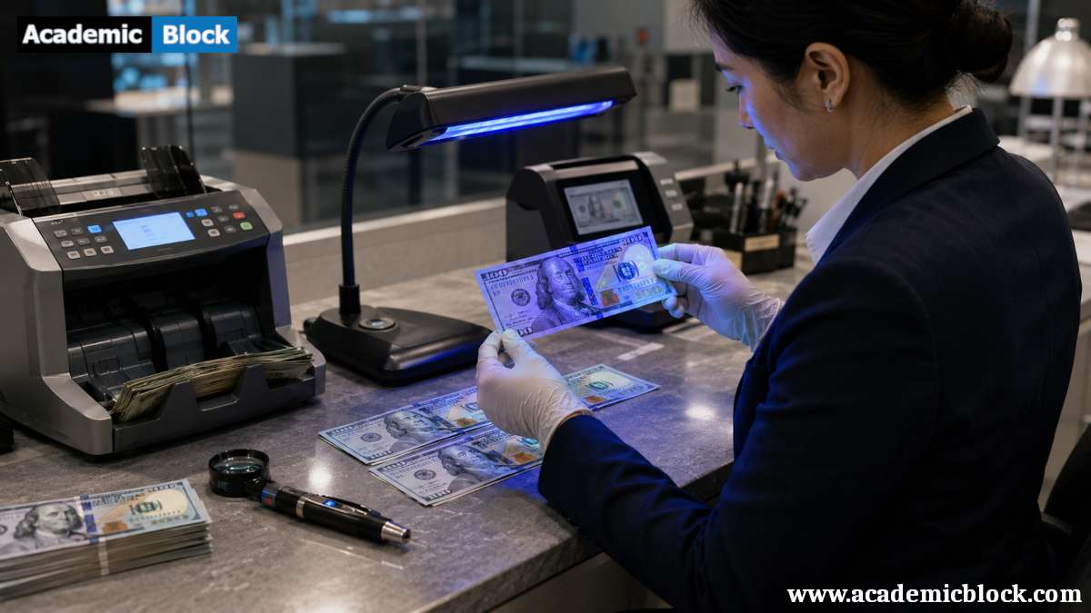 A bank employee examines U.S. $100 bills under a UV counterfeit detection lamp using professional currency verification tools to identify a suspicious note.