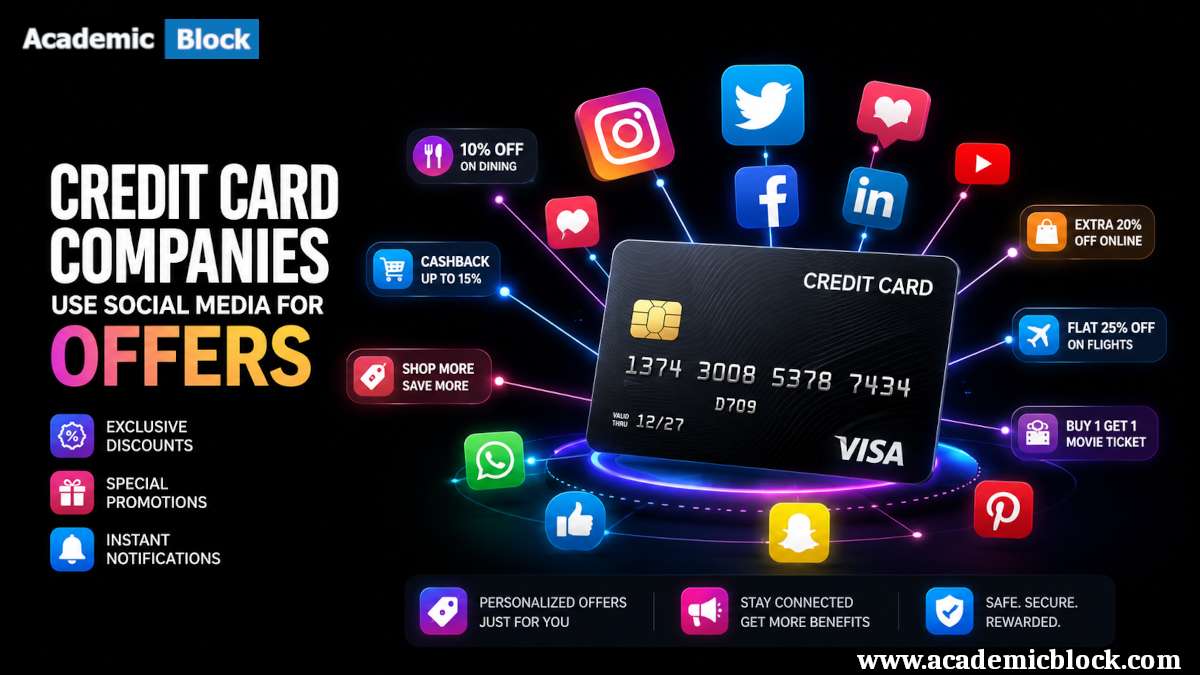 A sleek credit card in the center, surrounded by vibrant social media icons like Facebook, Instagram, Twitter, and TikTok on a dynamic gradient background.