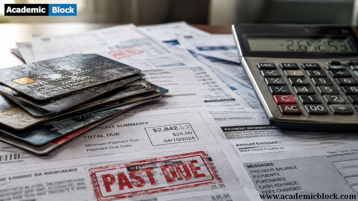 Close-up of worn credit cards, unpaid bills, a calculator, and a prominent, Past Due notice highlighting growing consumer debt.