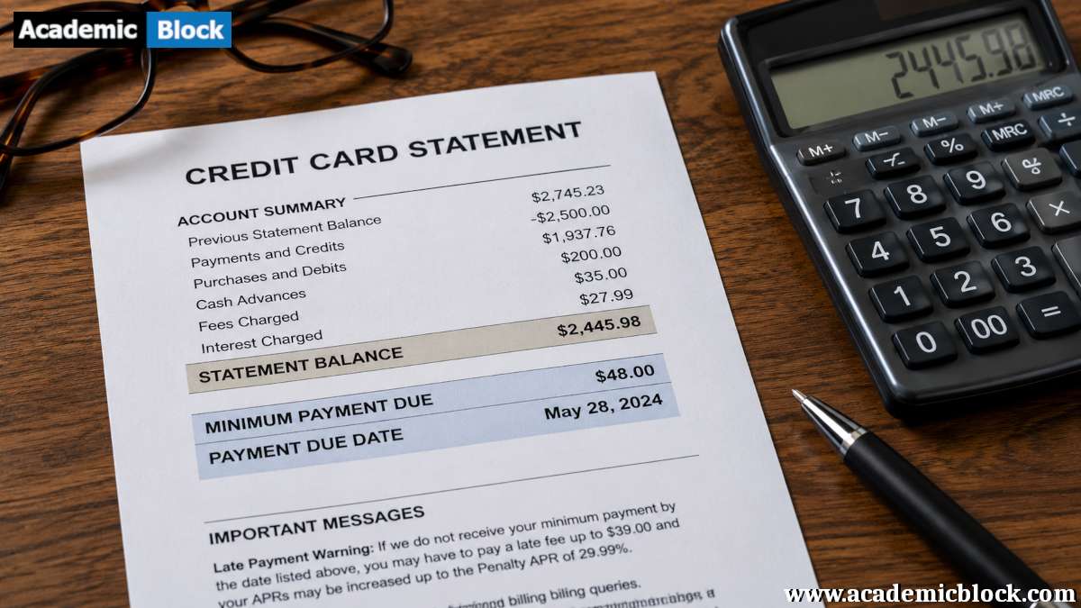 Close-up of a generic credit card statement with a calculator, illustrating credit card payments and interest costs.