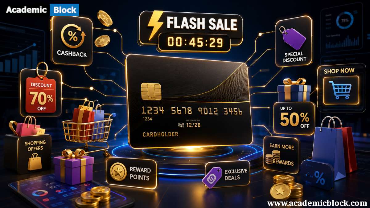 A premium credit card surrounded by cashback, reward points, shopping offers, and flash sale discounts, highlighting how credit cards maximize rewards during limited-time shopping events.