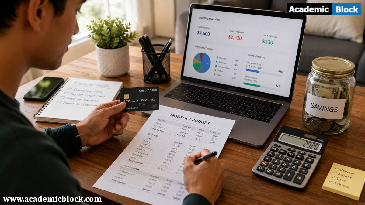 A person reviews monthly expenses using a credit card, budgeting worksheet, calculator, savings jar, and laptop.