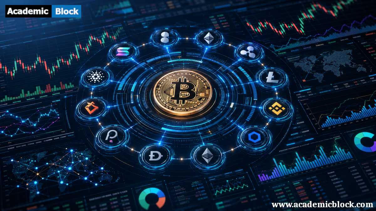 Image showing cryptocurrency market dashboard featuring a central Bitcoin surrounded by major digital assets.