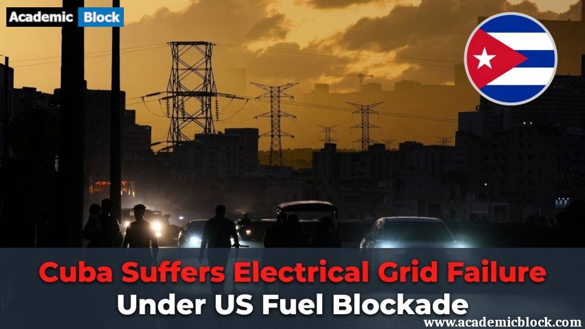 Image showing a Cuba street scene with crowds amid a power outage, a composite Cuba flag in a circle, and the headline: 