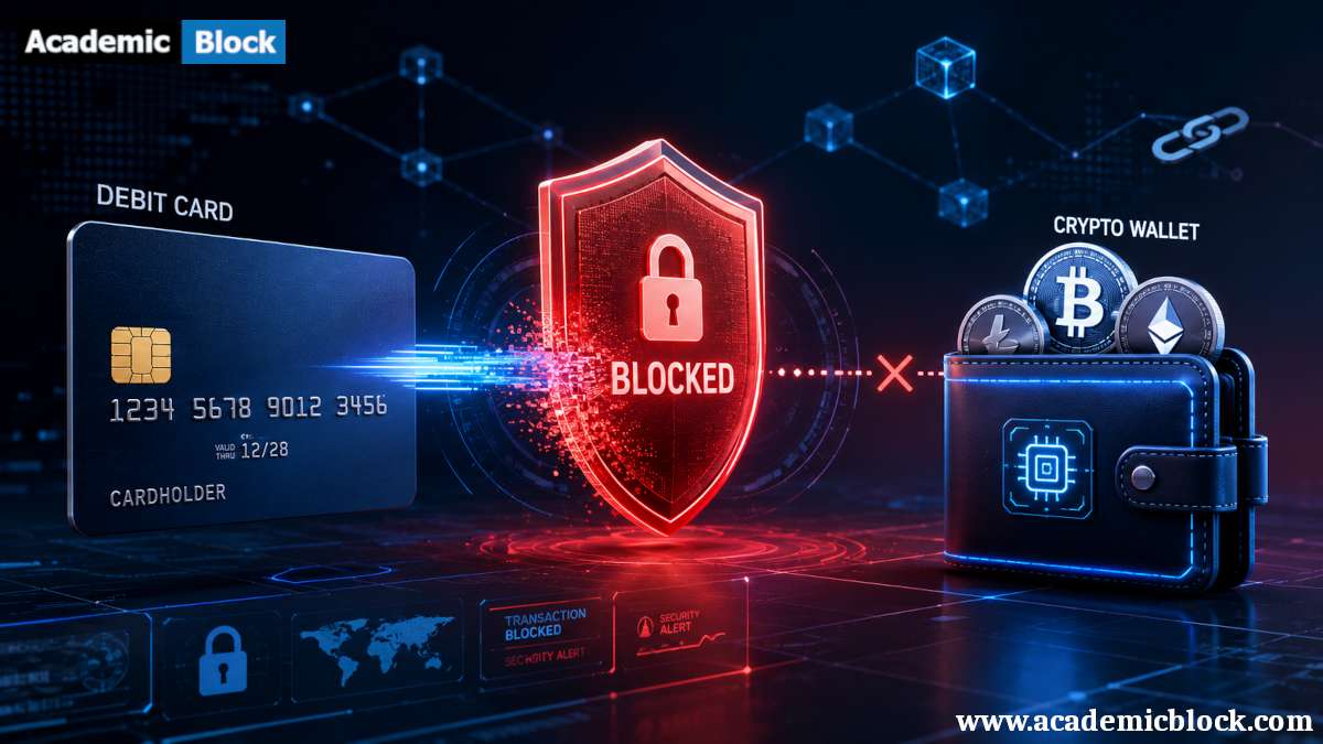 A debit card transfer to a crypto wallet is halted by a prominent security shield, illustrating blocked cryptocurrency transactions with blockchain and cybersecurity elements.