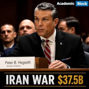 Image Showing Defense Secretary Pete Hegseth in a black suit testifies at a hearing with Iran War $37.5B displayed below.