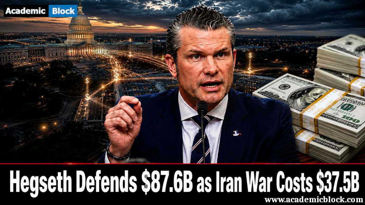 Image showing Pete Hegseth speaking about the Iran War's cost of $37.5 billion so far, as the U.S. Capitol, Pentagon, and stacks of cash illustrate the debate over Iran war spending.