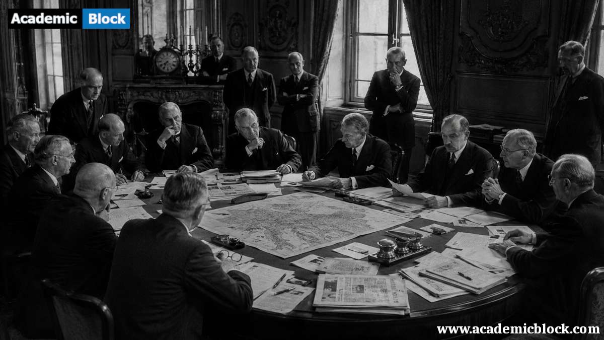 European diplomats meet in March 1938 to discuss Germany's annexation of Austria amid rising tensions.