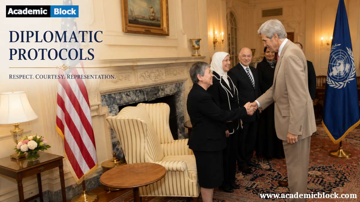 A formal diplomatic handshake between international officials in an elegant government reception room, symbolizing diplomatic protocols and international relations.