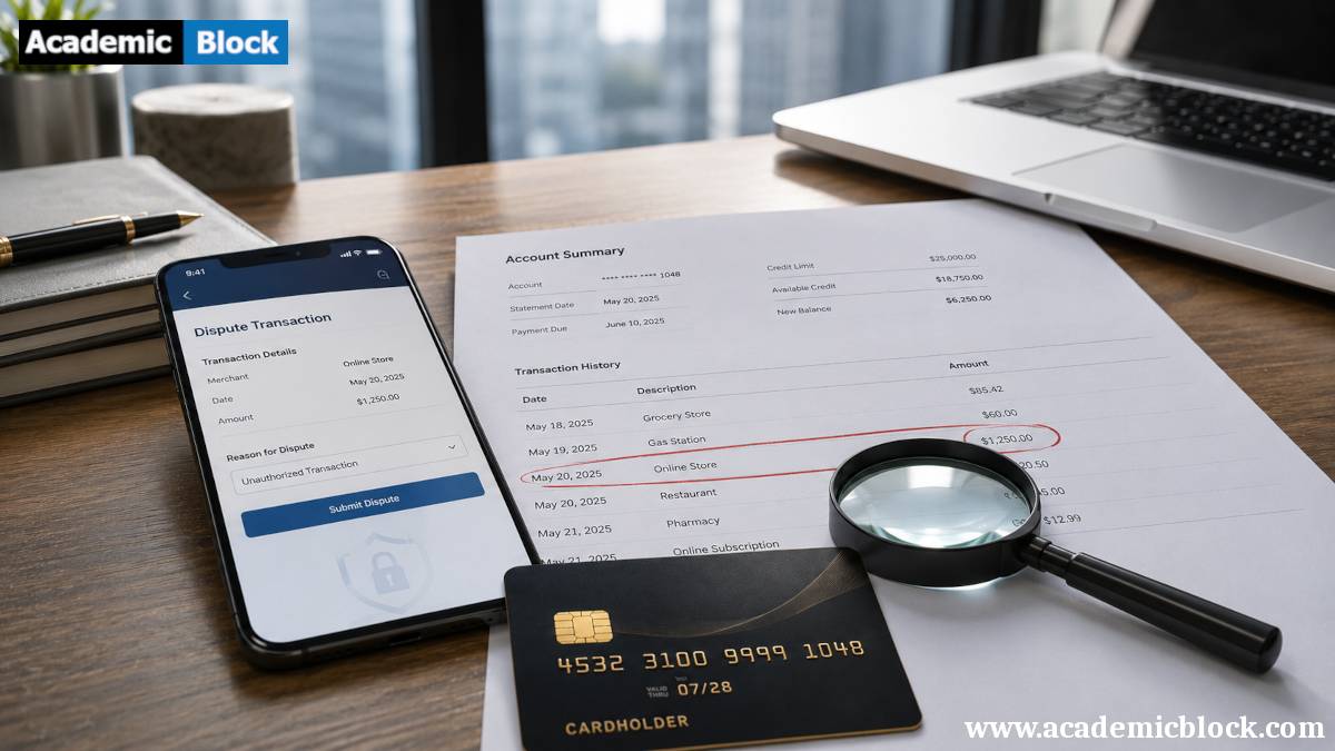 A premium credit card, bank statement, and smartphone displaying a dispute request highlight the process of reviewing and disputing a suspicious credit card transaction in a secure banking environment.