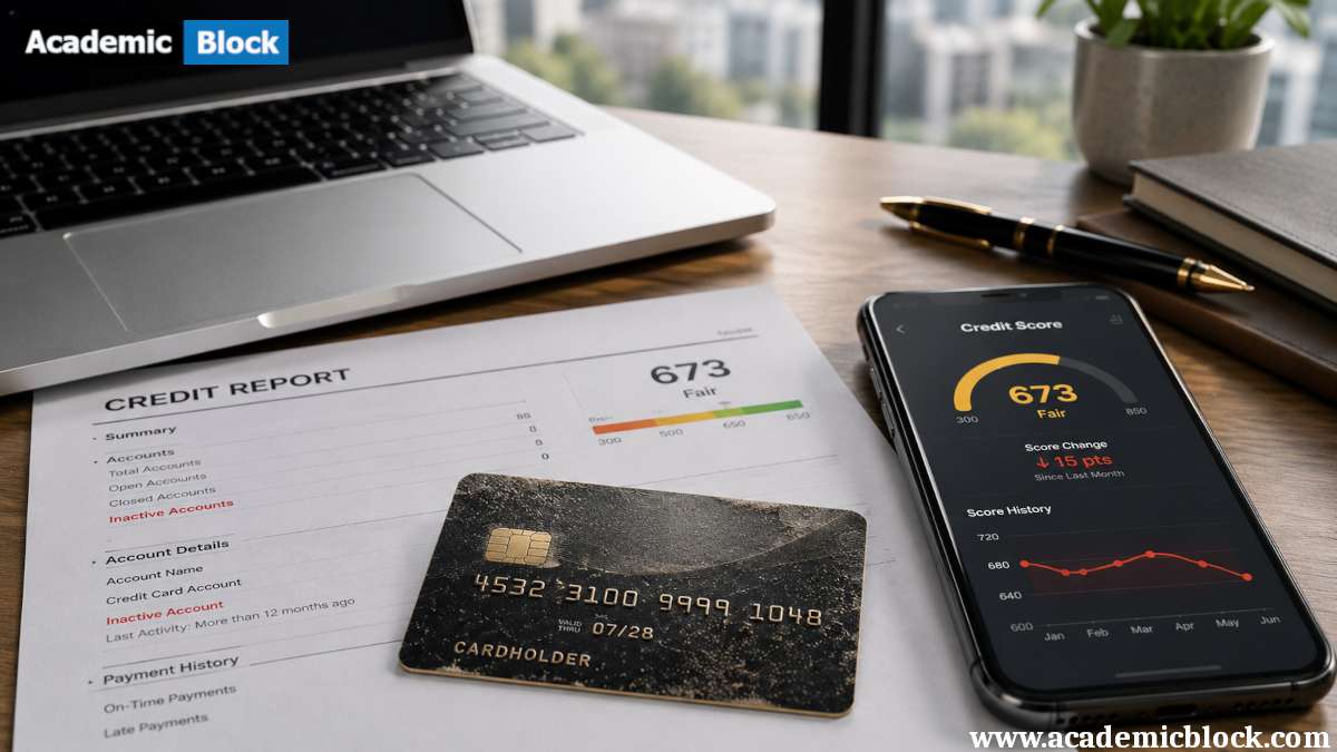 A dust-covered dormant credit card rests beside a declining credit score dashboard and an inactive account report, illustrating the financial impact of an unused credit card.