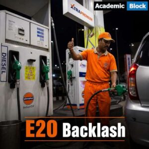 Image showing a fuel attendant refueling a car at an Indian petrol station with the headline "E20 Backlash " highlighting the debate over India's ethanol-blended petrol policy.