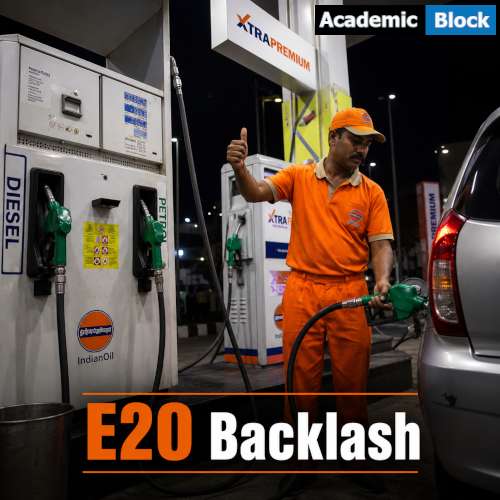 Image showing a fuel attendant refueling a car at an Indian petrol station with the headline "E20 Backlash " highlighting the debate over India's ethanol-blended petrol policy.