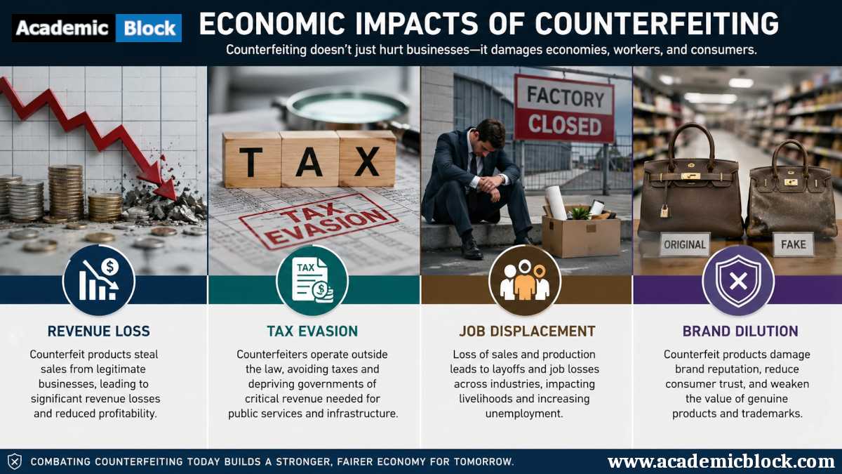 Image showing economic impacts of counterfeiting, highlighting revenue loss, tax evasion, job displacement, and brand dilution through cinematic business and industrial scenes with concise explanatory text.