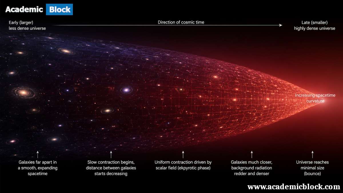 Ekpyrotic universe illustration showing smooth cosmic contraction as galaxies draw closer in a red-shifting, compressing spacetime.