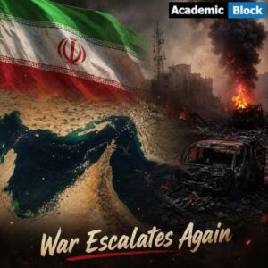 Image showing the Iranian flag over the Strait of Hormuz with a burning war zone and smoke, illustrating escalating regional conflict.