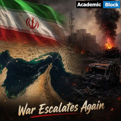 Image showing the Iranian flag over the Strait of Hormuz with a burning war zone and smoke, illustrating escalating regional conflict.