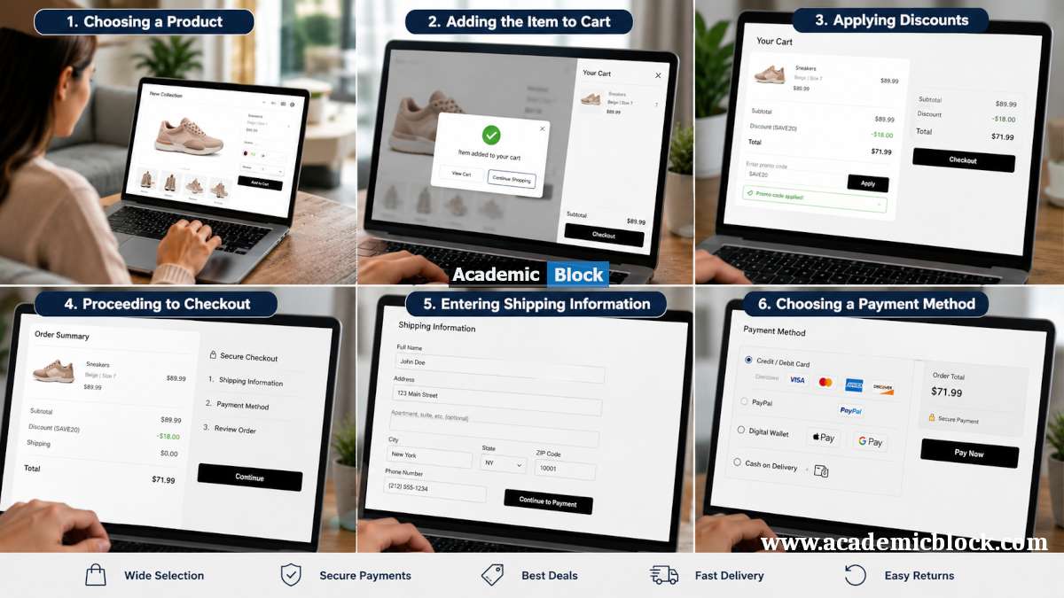 Image showing Step-by-step illustration of the online shopping process, from product selection to secure payment.