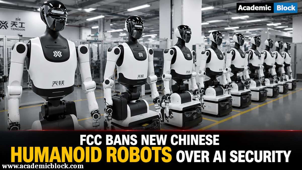 Image showing humanoid robots in a factory with an FCC ban headline on AI security.