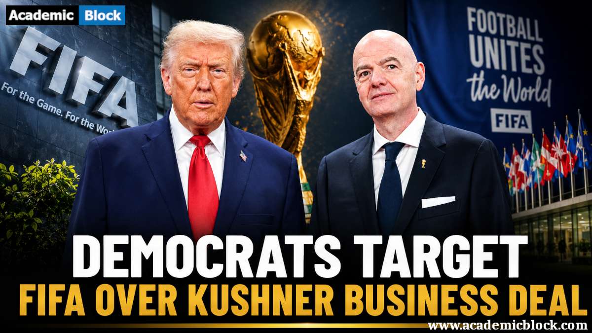 Image showing Donald Trump and FIFA President Gianni Infantino with the FIFA World Cup Trophy, overlaid with the text, DEMOCRATS TARGET FIFA OVER KUSHNER BUSINESS DEAL.