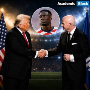 Image showing Donald Trump and FIFA President Gianni Infantino shake hands with inset Folarin Balogun showing in a circle.